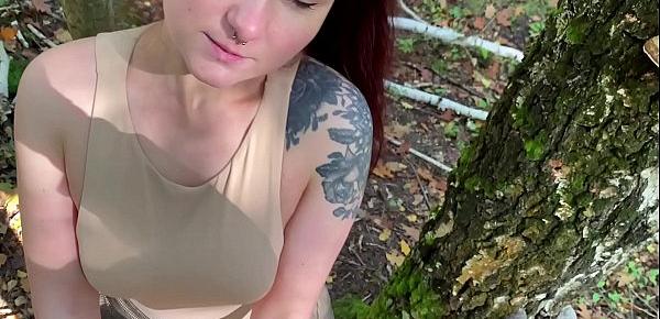  Red-haired girlfriend sucks dick in the forest. KleoModel